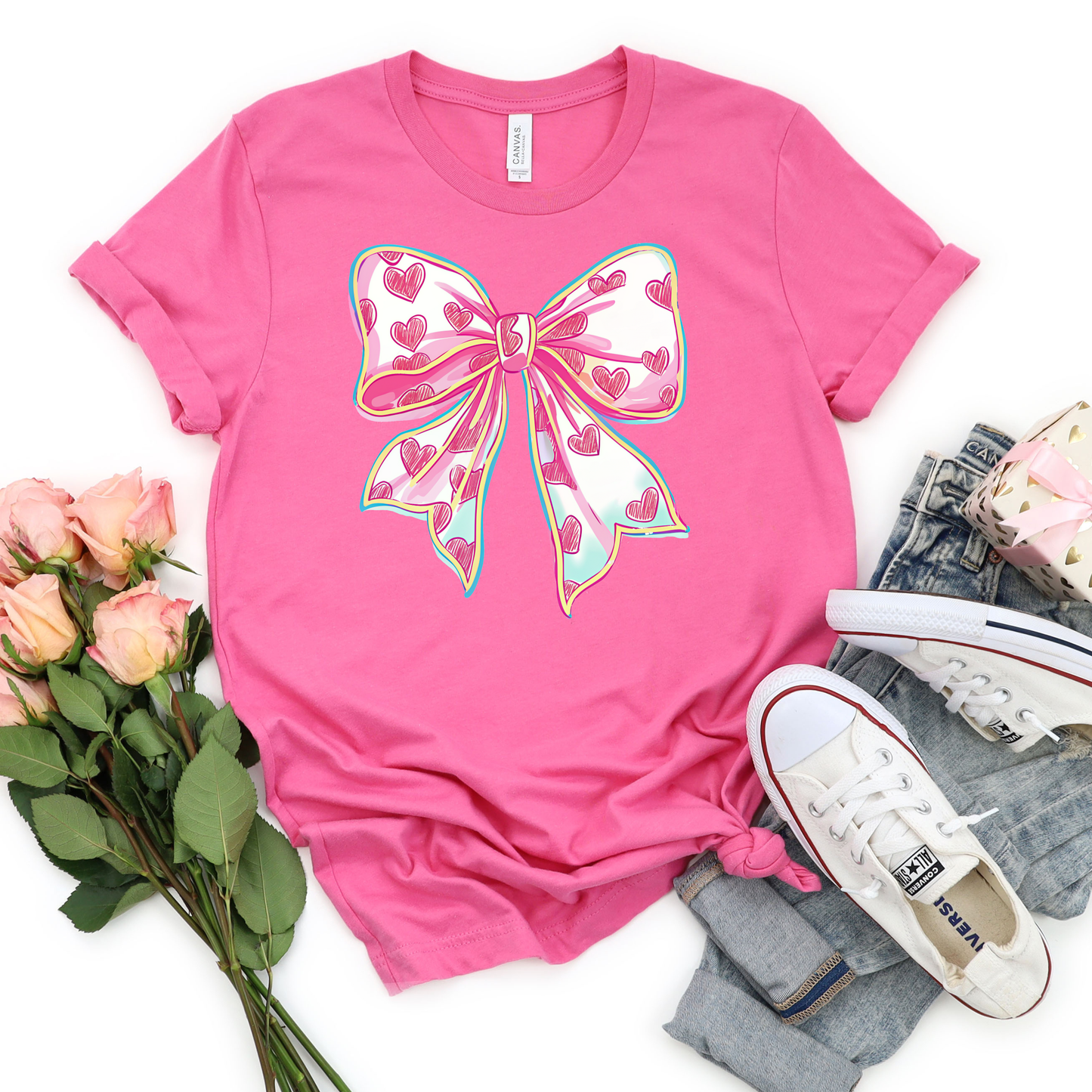 Pastel Neon Valentine Bow Graphic Tee