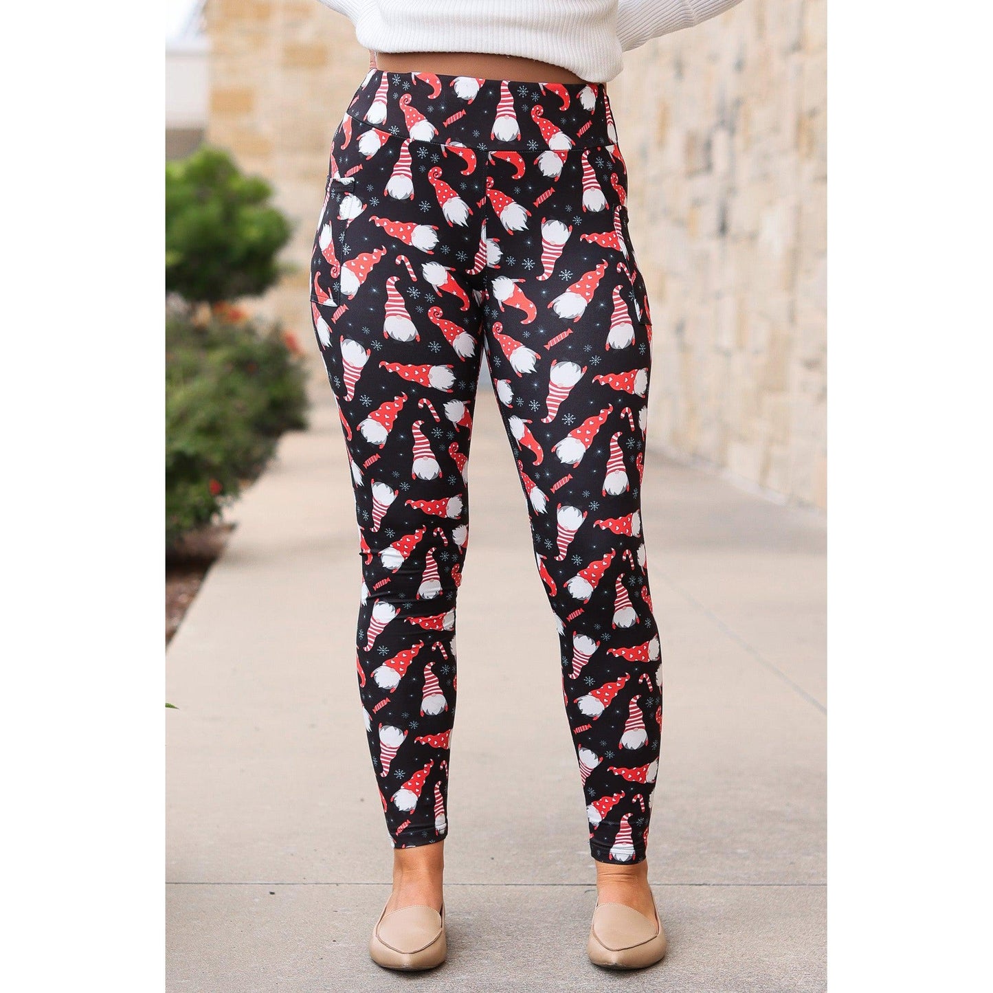 High-waisted buttery soft holiday leggings by Julia Rose Close-up of gnome print detail on Julia Rose holiday leggings