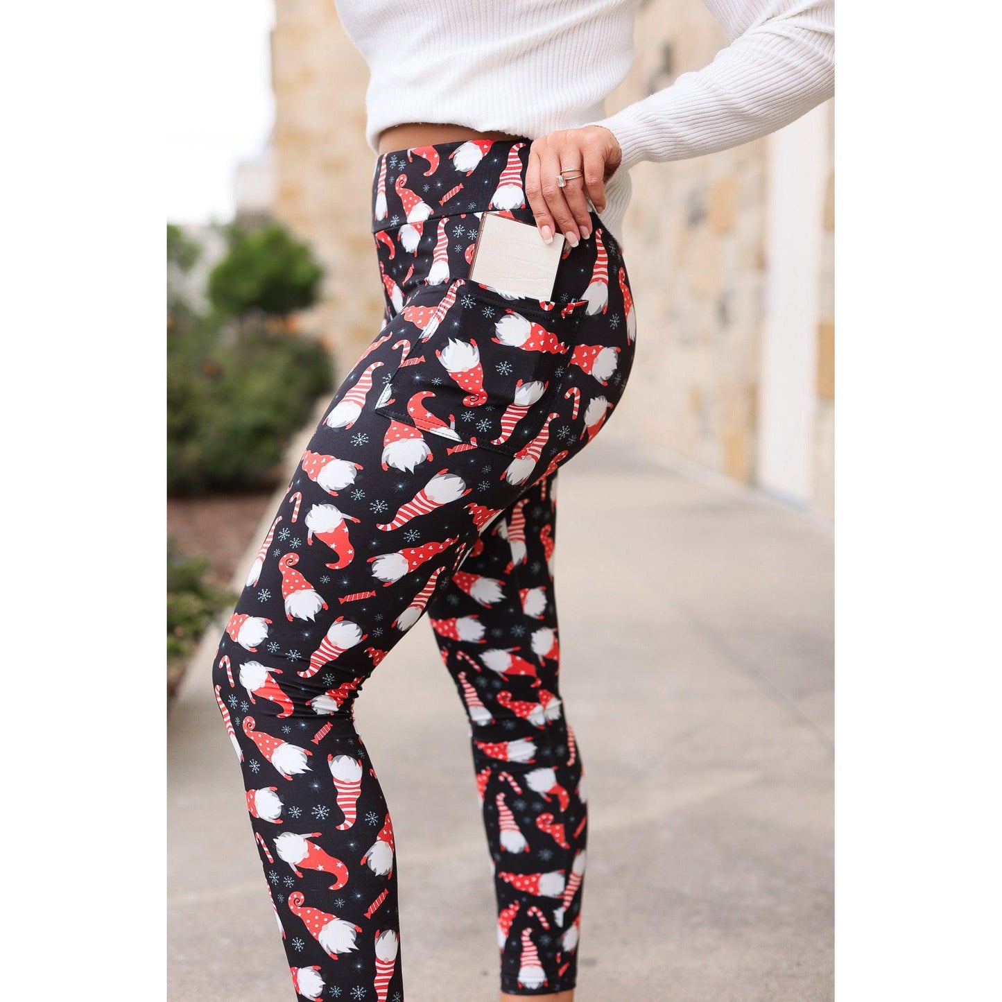 High-waisted buttery soft holiday leggings by Julia Rose Close-up of gnome print detail on Julia Rose holiday leggings
