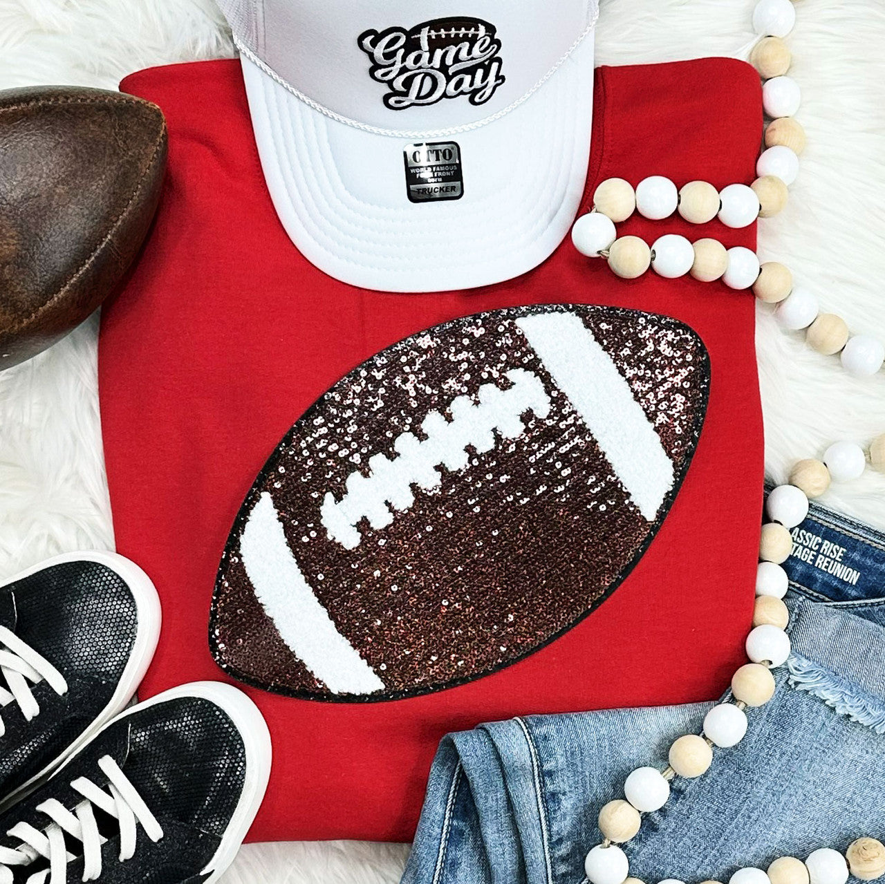Sequin Football Chenille Patch Crewneck