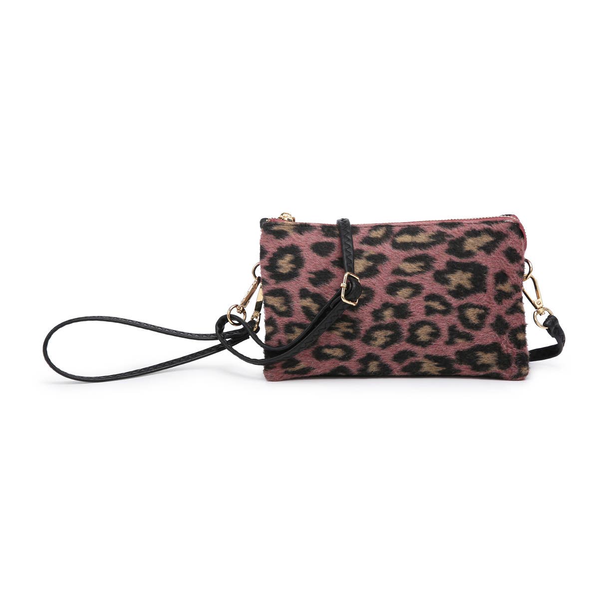 Soft Cheetah 3 Compartment Crossbody/Wristlet Dark Rose
