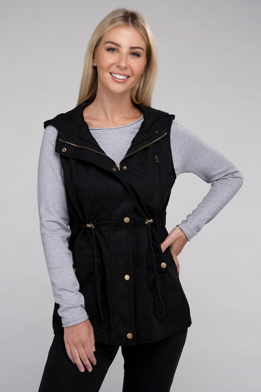 Drawstring Waist Military Hoodie Vest Black L