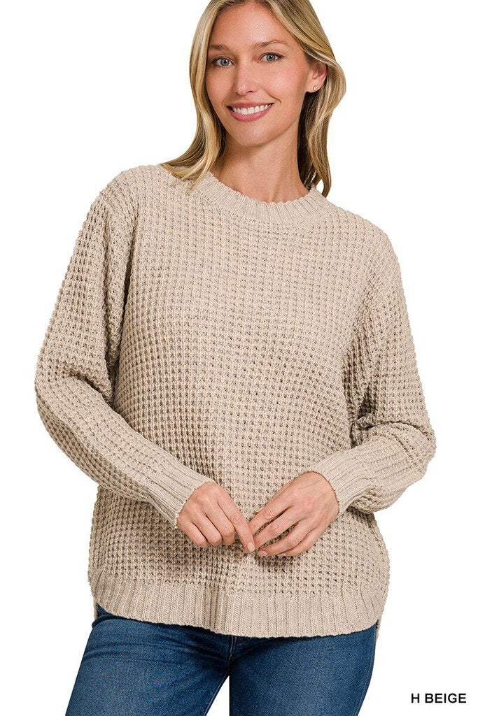 ROUND NECK WAFFLE SWEATER