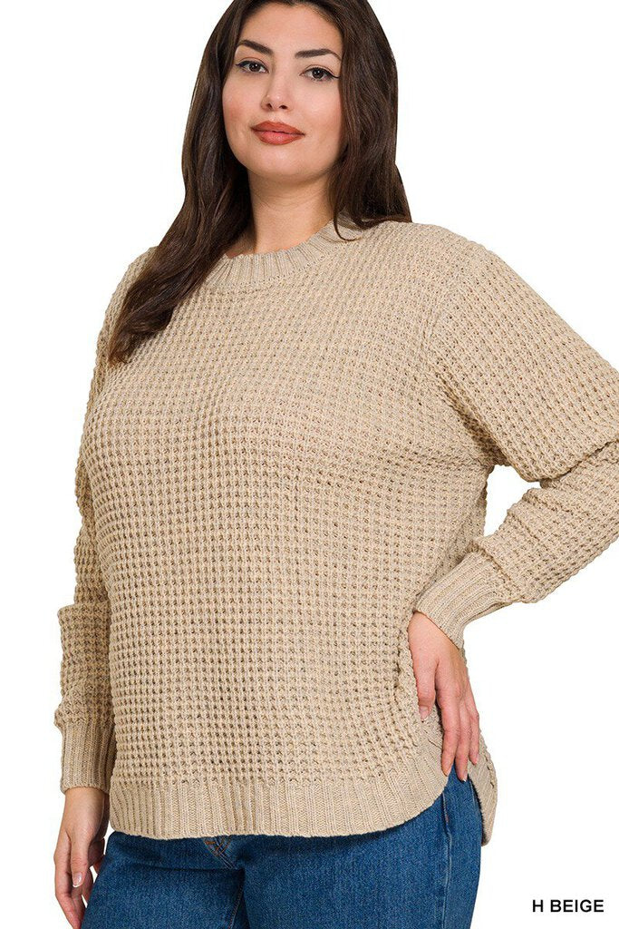 ROUND NECK WAFFLE SWEATER