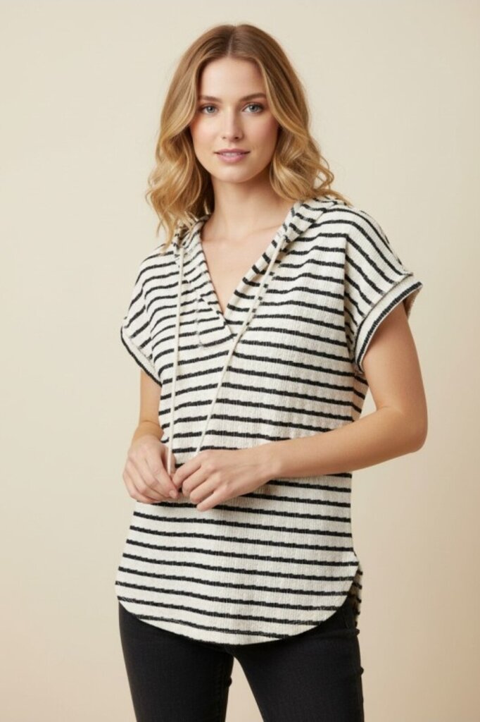 Jacquard Stripe Split Neck Drawstring Top