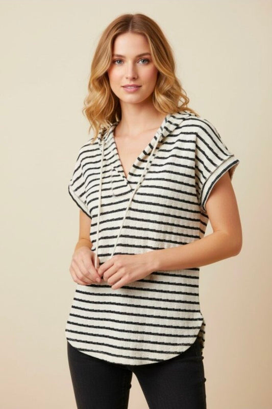 Jacquard Stripe Split Neck Drawstring Top