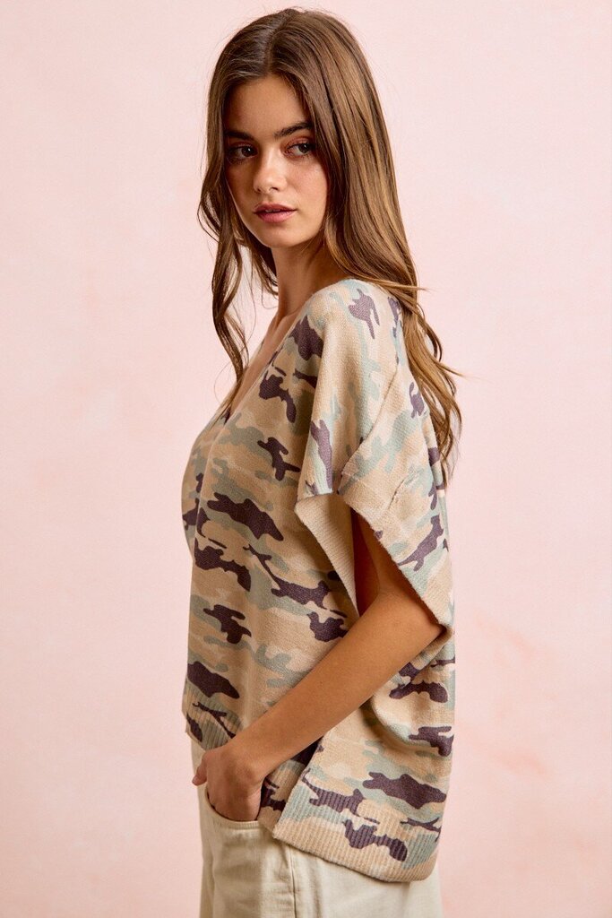 Camo Vneck Knit Top