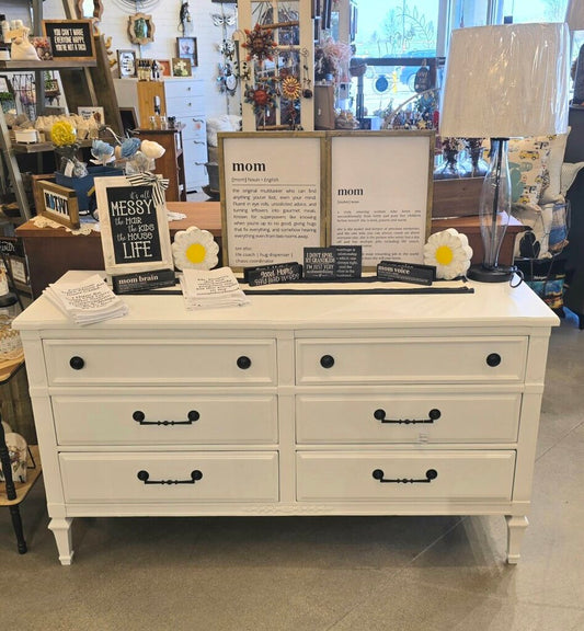 White 6 drawer dresser with black handles