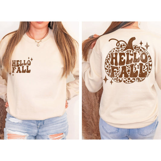 Hello Fall pumpkin Sweatshirt with pocket accent