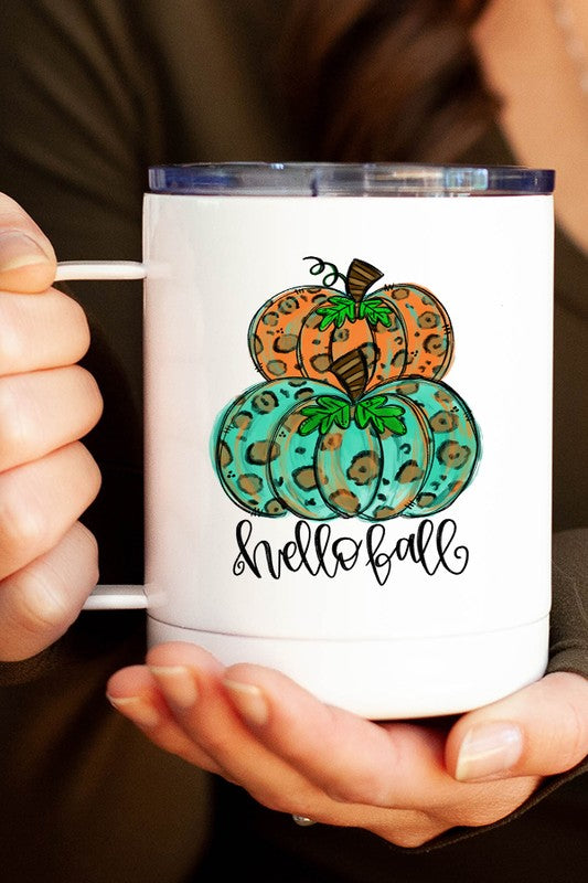 Hello Fall Leopard Pumpkins Coffee Travel Cup