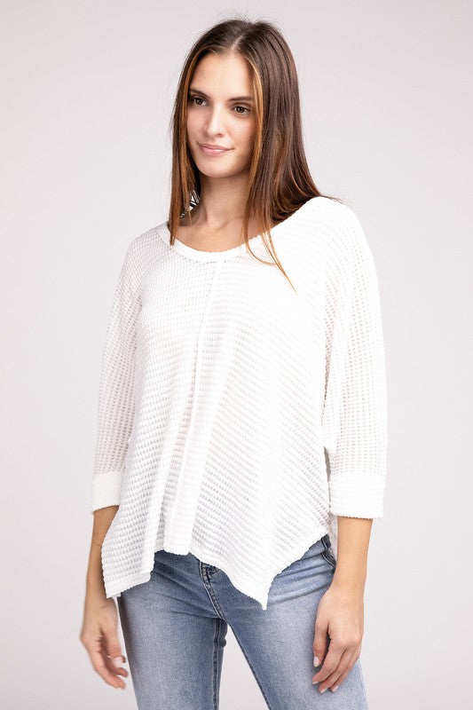 3/4 Sleeve V-Neck Hi-Low Hem Jacquard Sweater