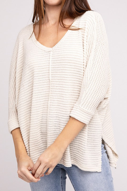 3/4 Sleeve V-Neck Hi-Low Hem Jacquard Sweater