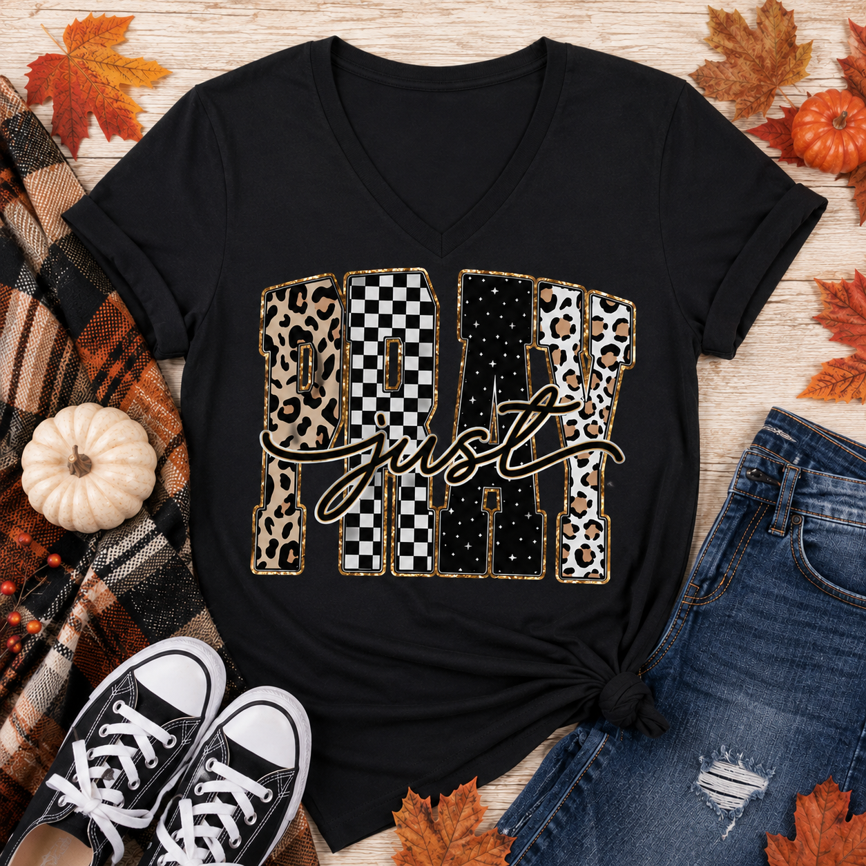 Julia Rose JUST PRAY apparel featuring leopard print, checkerboard and dotted lettering with gold-toned details.