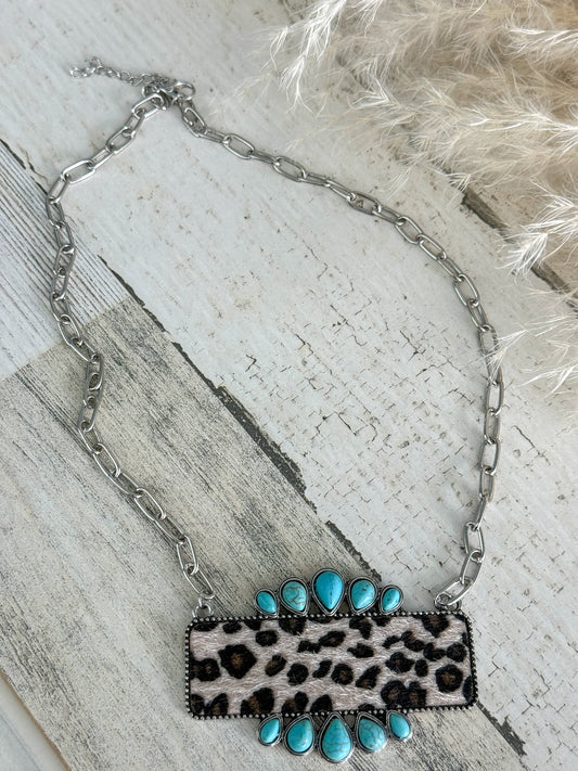 Western Turquoise & Leopard Necklace 20"