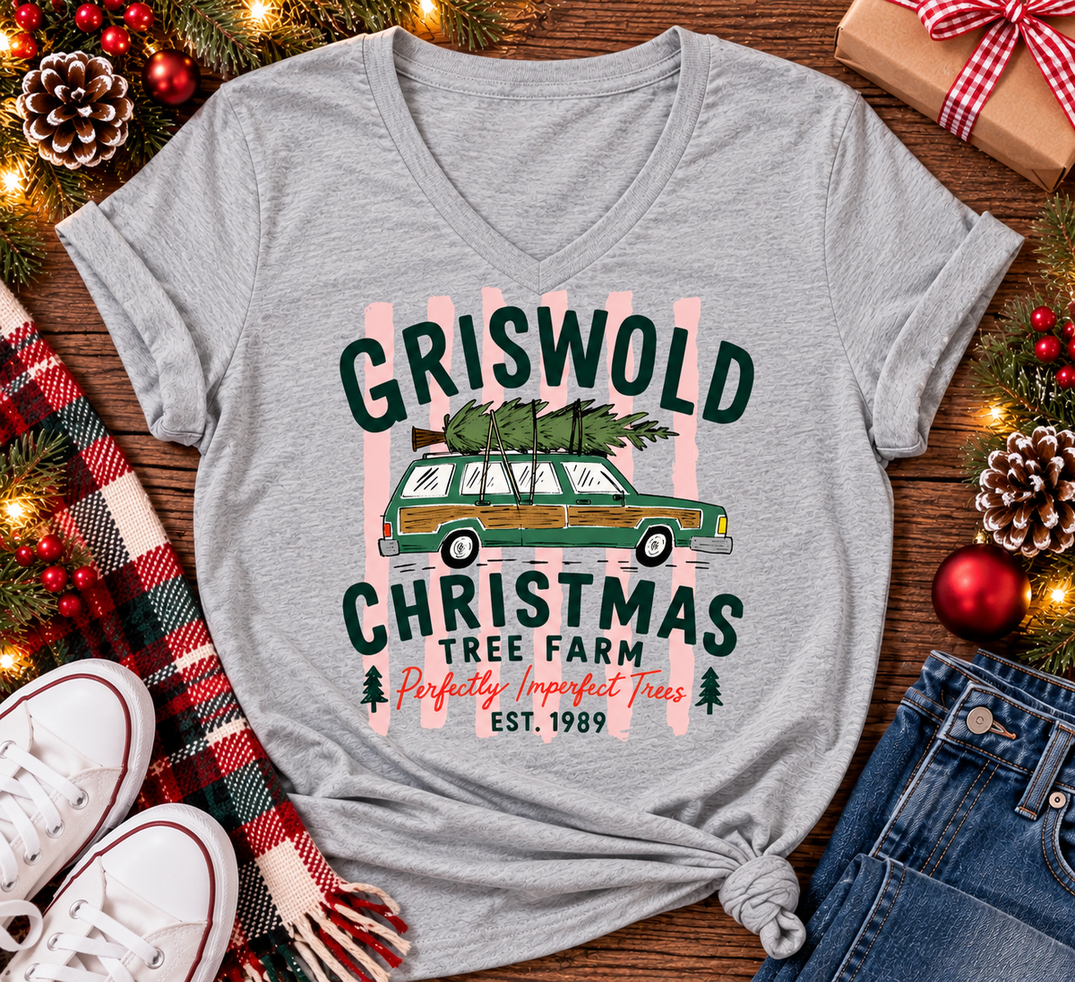 Christmas graphic tee featuring Griswold Christmas Tree Farm vintage green station wagon with Christmas tree and retro lettering.