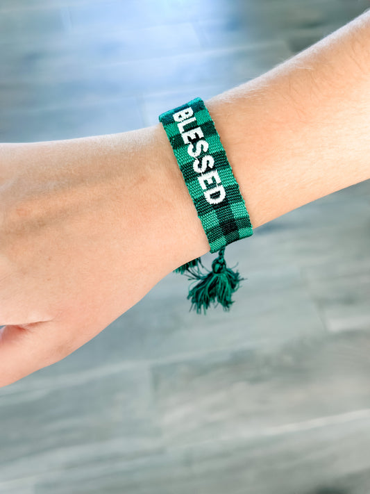 "Blessed" Green Buffalo Plaid Woven Bracelet