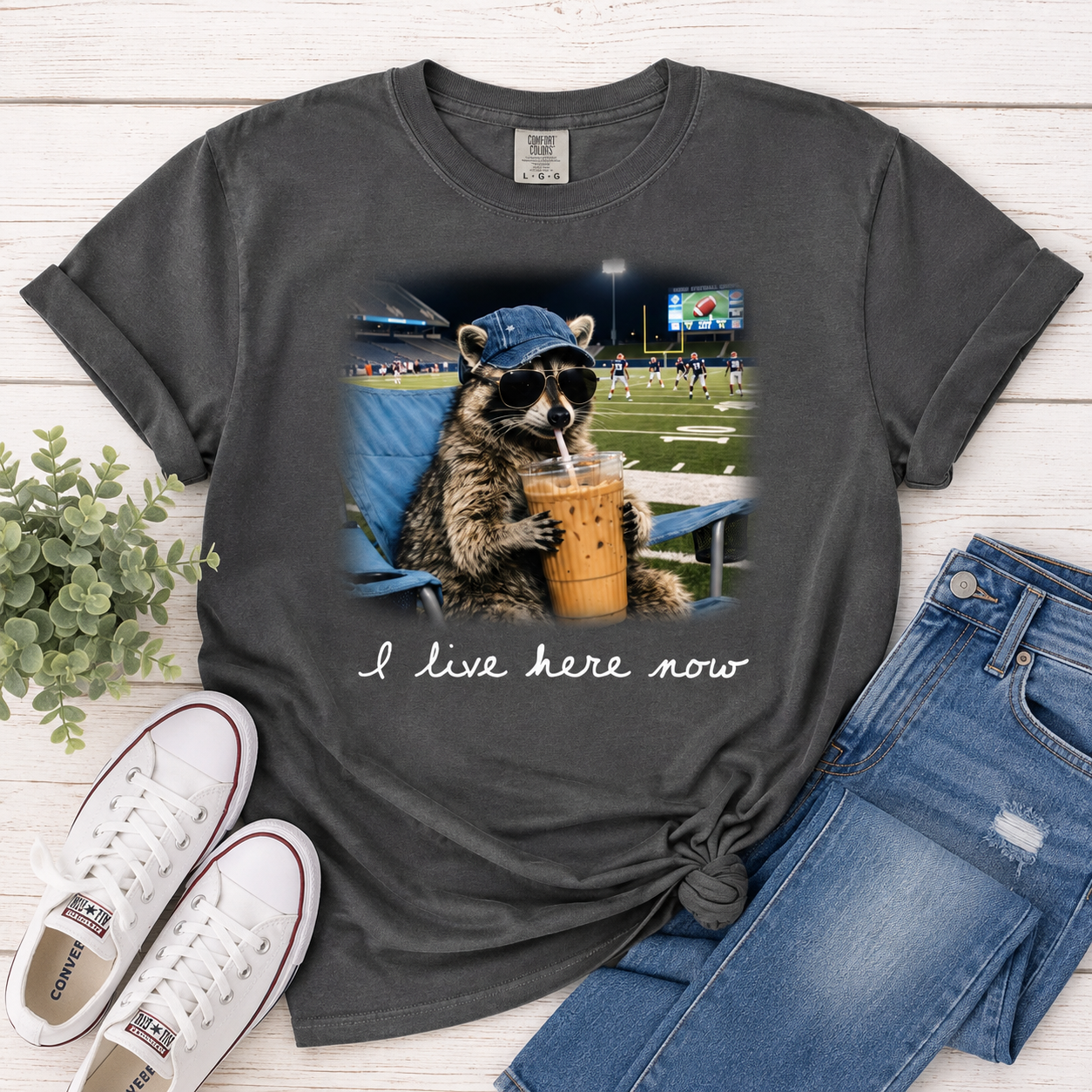 I Live Here Now Football Tee