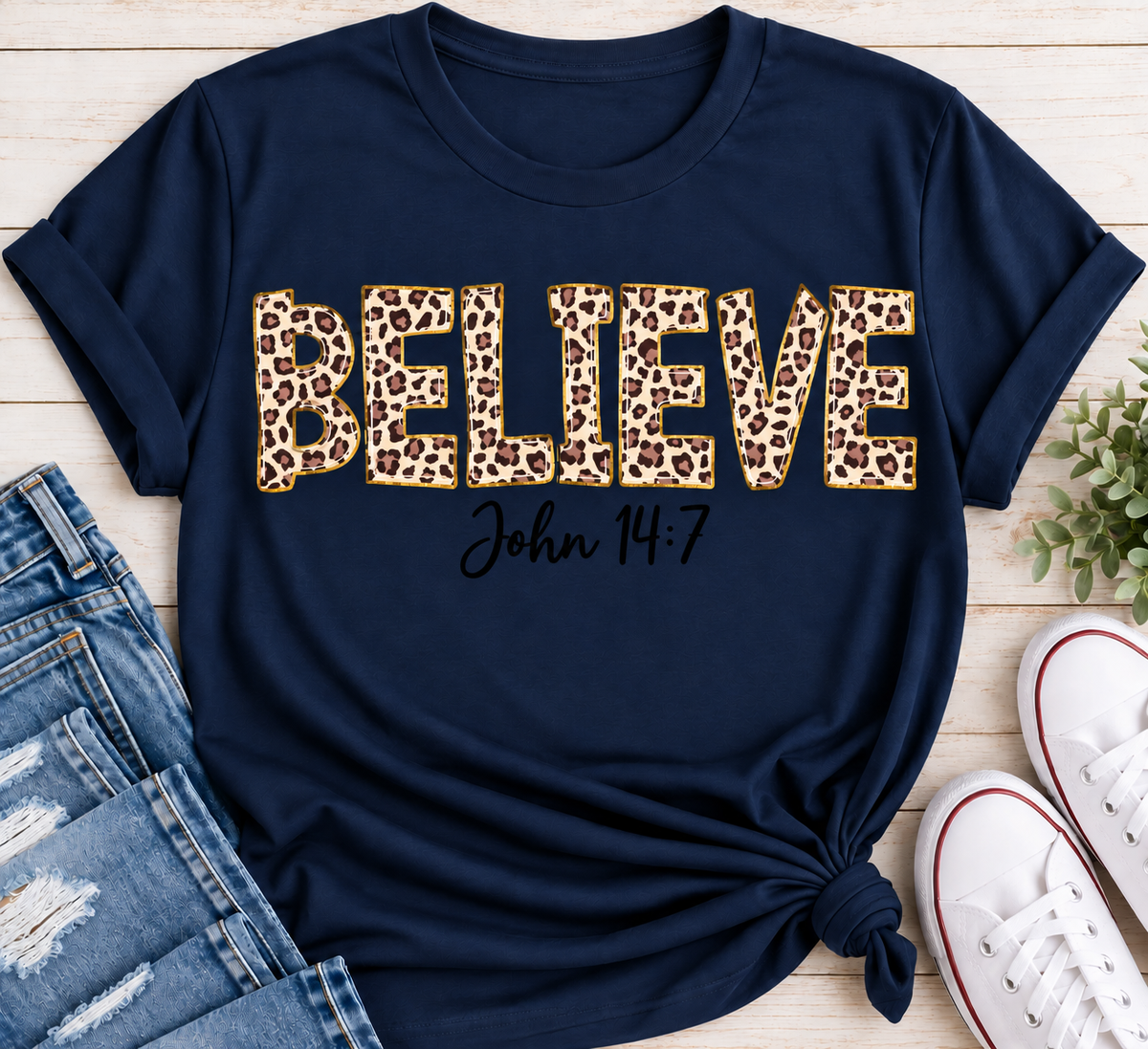Believe John 14:7  leopard print Christian graphic shirt available in short sleeve crewneck, V-neck, long sleeve and hoodie styles.