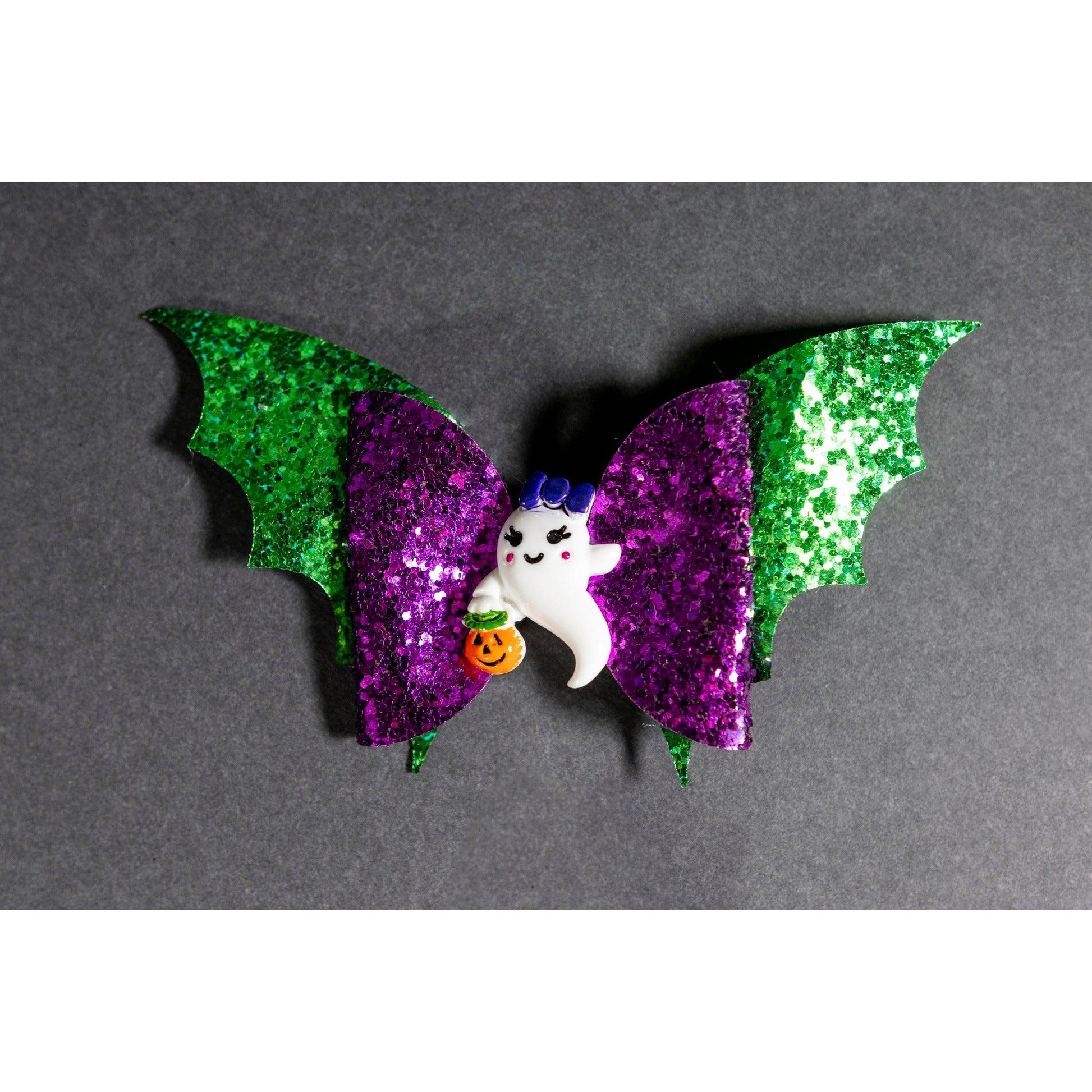 Julia Rose Halloween sequin hair bow, Sparkly Halloween hair bow close-up