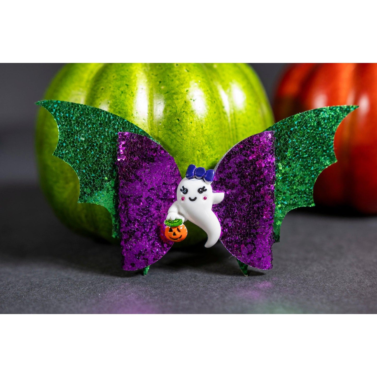 Julia Rose Halloween sequin hair bow, Sparkly Halloween hair bow close-up