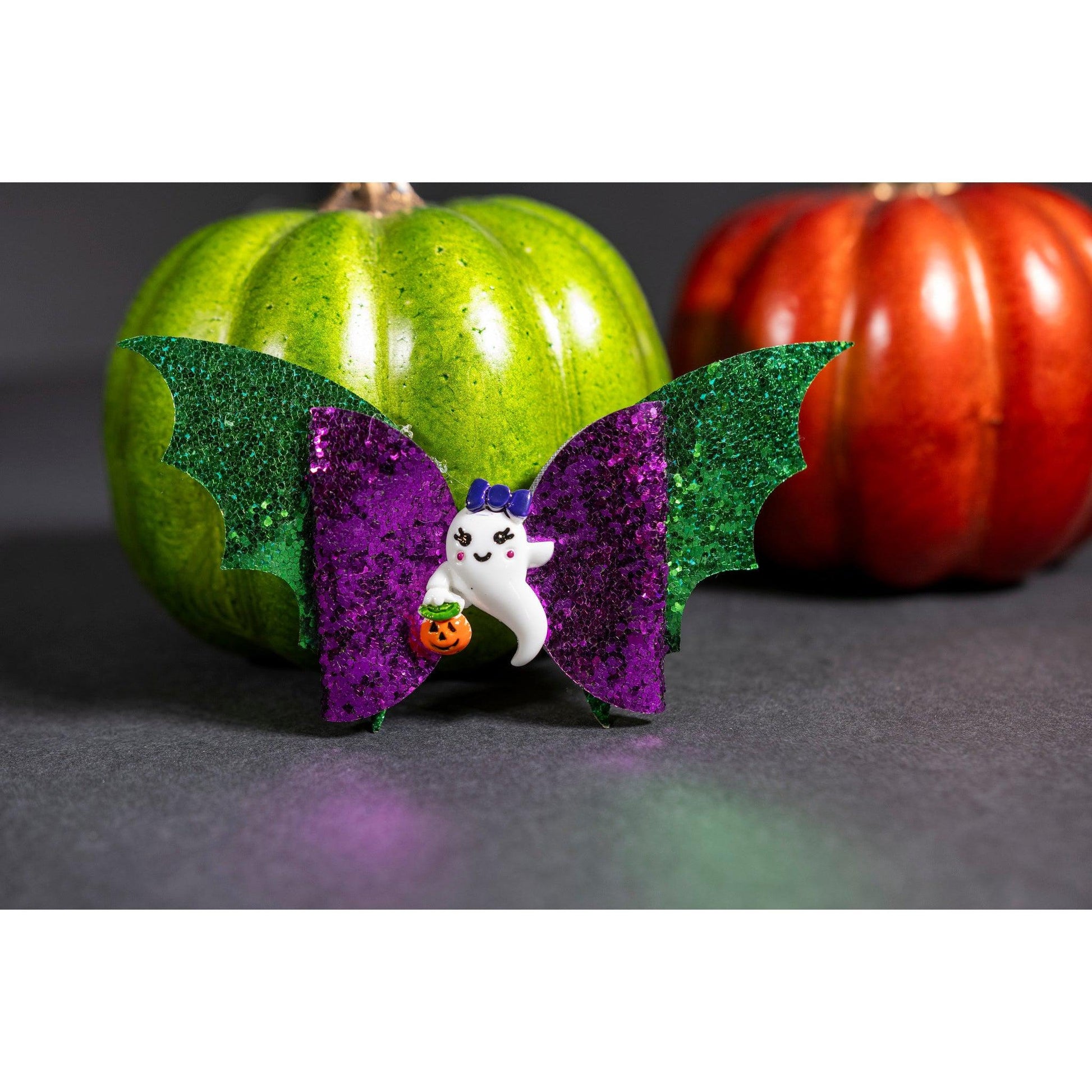 Julia Rose Halloween sequin hair bow, Sparkly Halloween hair bow close-up