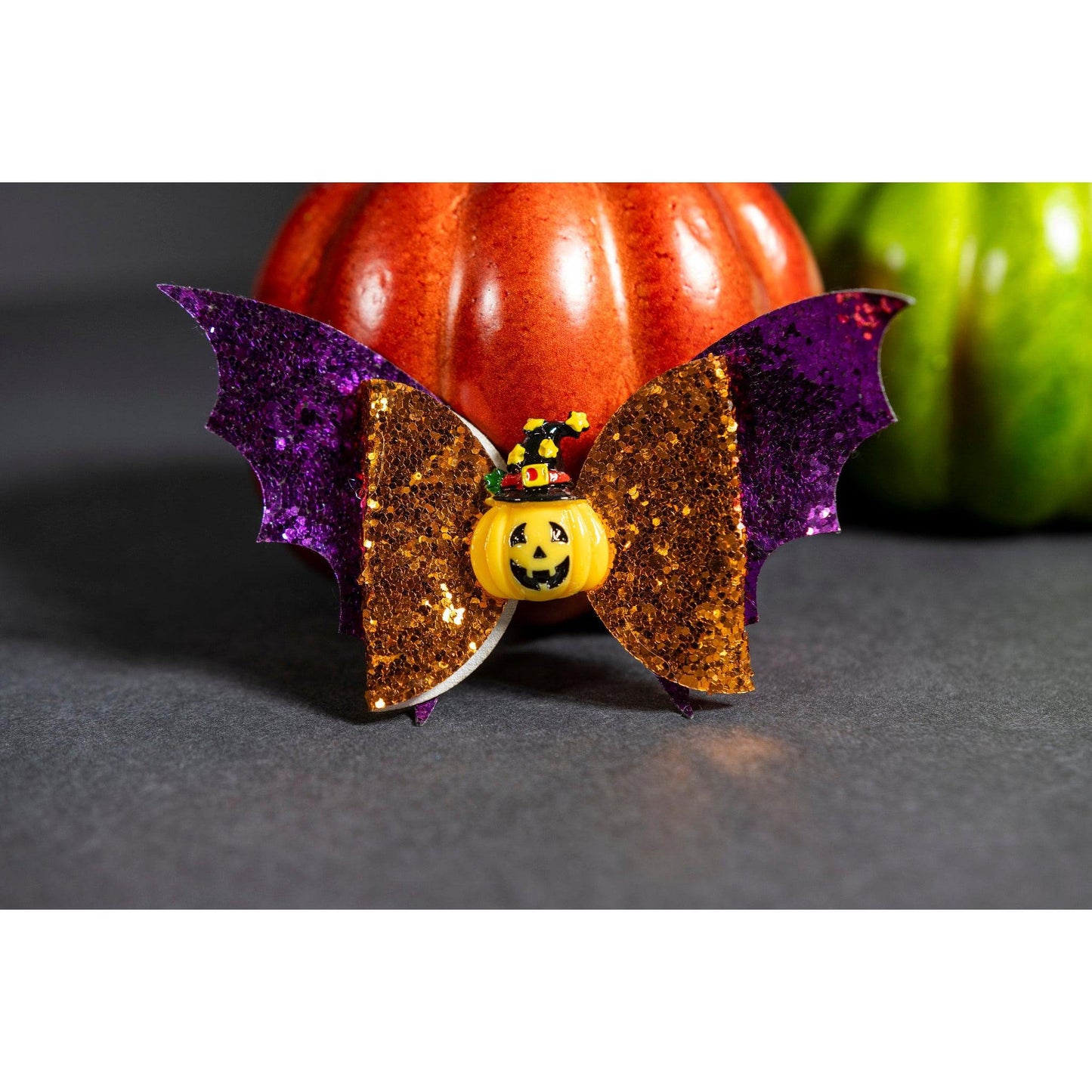 Julia Rose Halloween sequin hair bow, Sparkly Halloween hair bow close-up