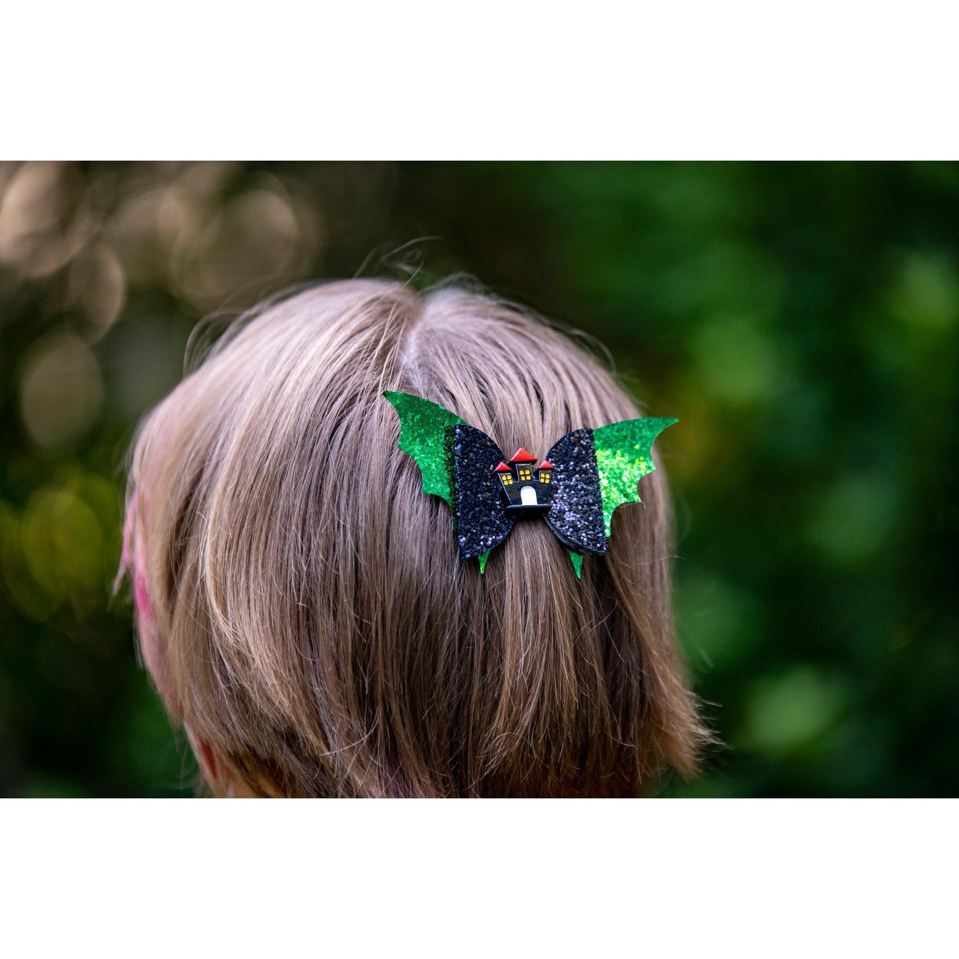Julia Rose Halloween sequin hair bow, Sparkly Halloween hair bow close-up
