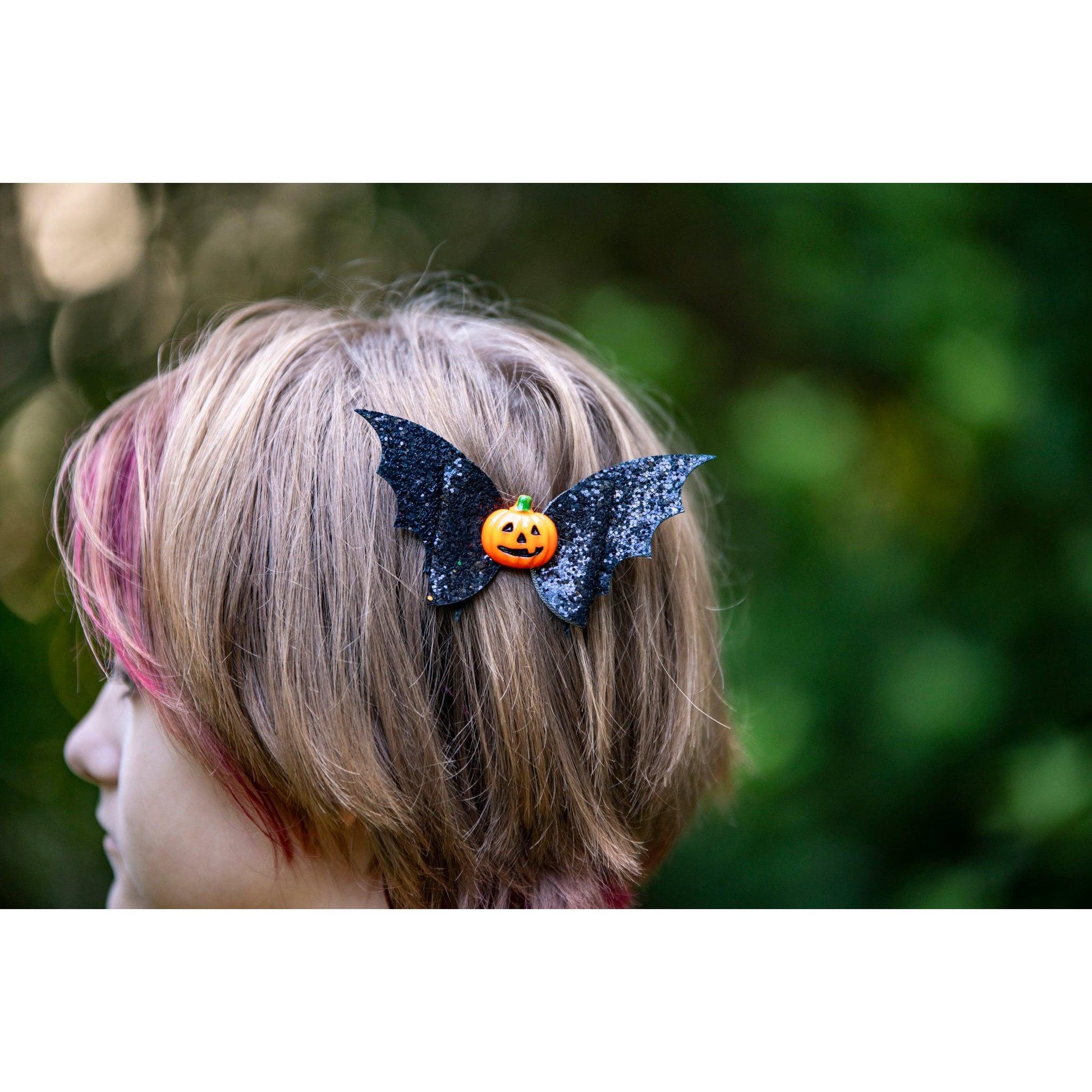 Julia Rose Halloween sequin hair bow, Sparkly Halloween hair bow close-up