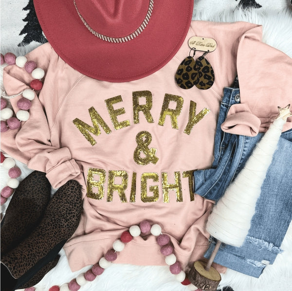 Merry & Bright Glitter Sequined Patch Rose Lightweight Crewneck Sweatshirt