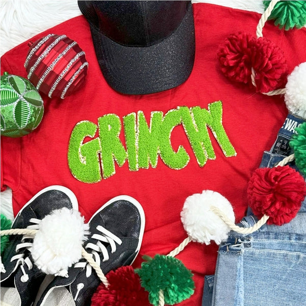 Grinchy Chenille Patch Red Crewneck Sweatshirt