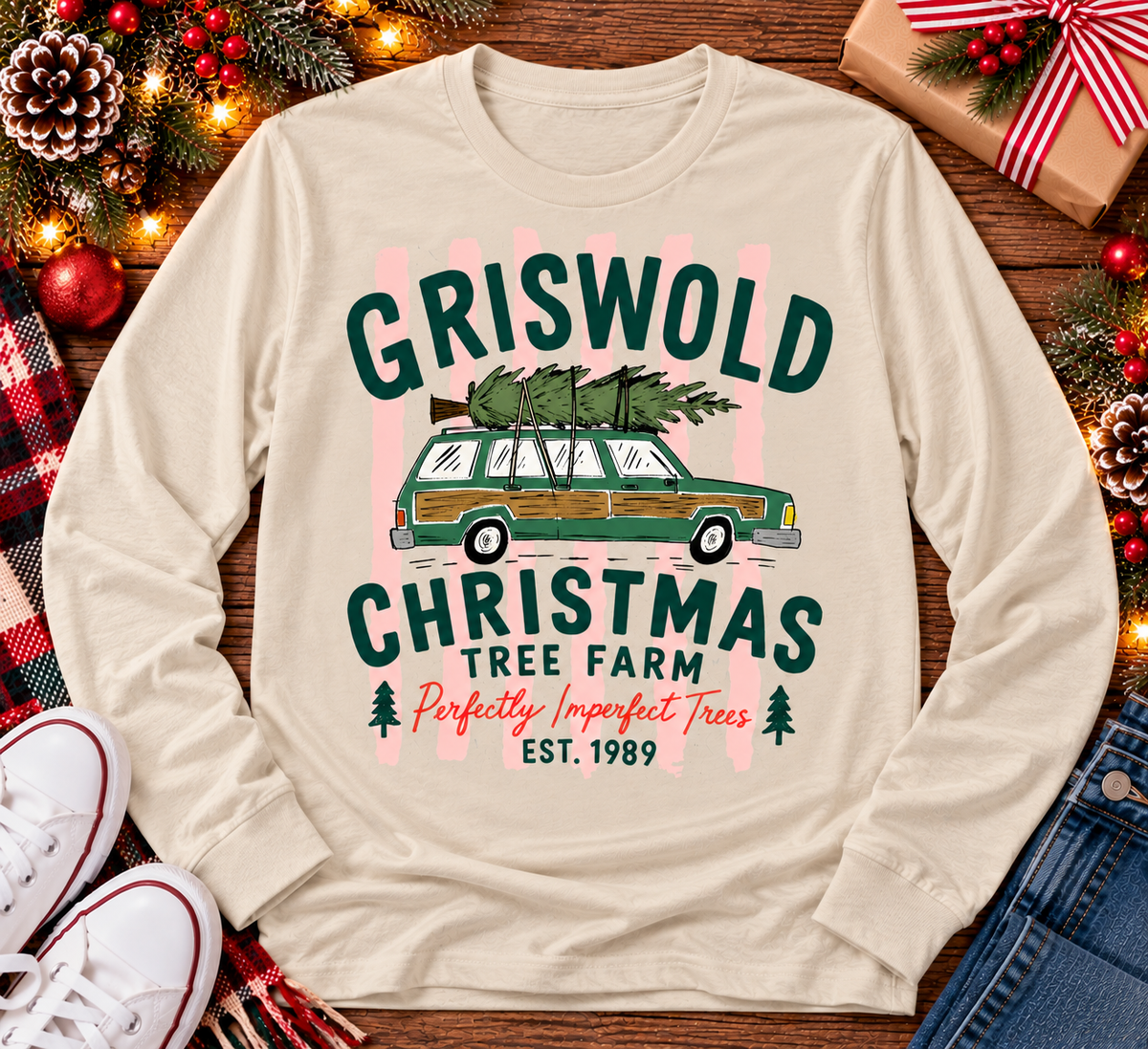 Christmas graphic tee featuring Griswold Christmas Tree Farm vintage green station wagon with Christmas tree and retro lettering.