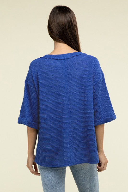 Brushed Waffle Exposed-Seam 3/4 Sleeve Top