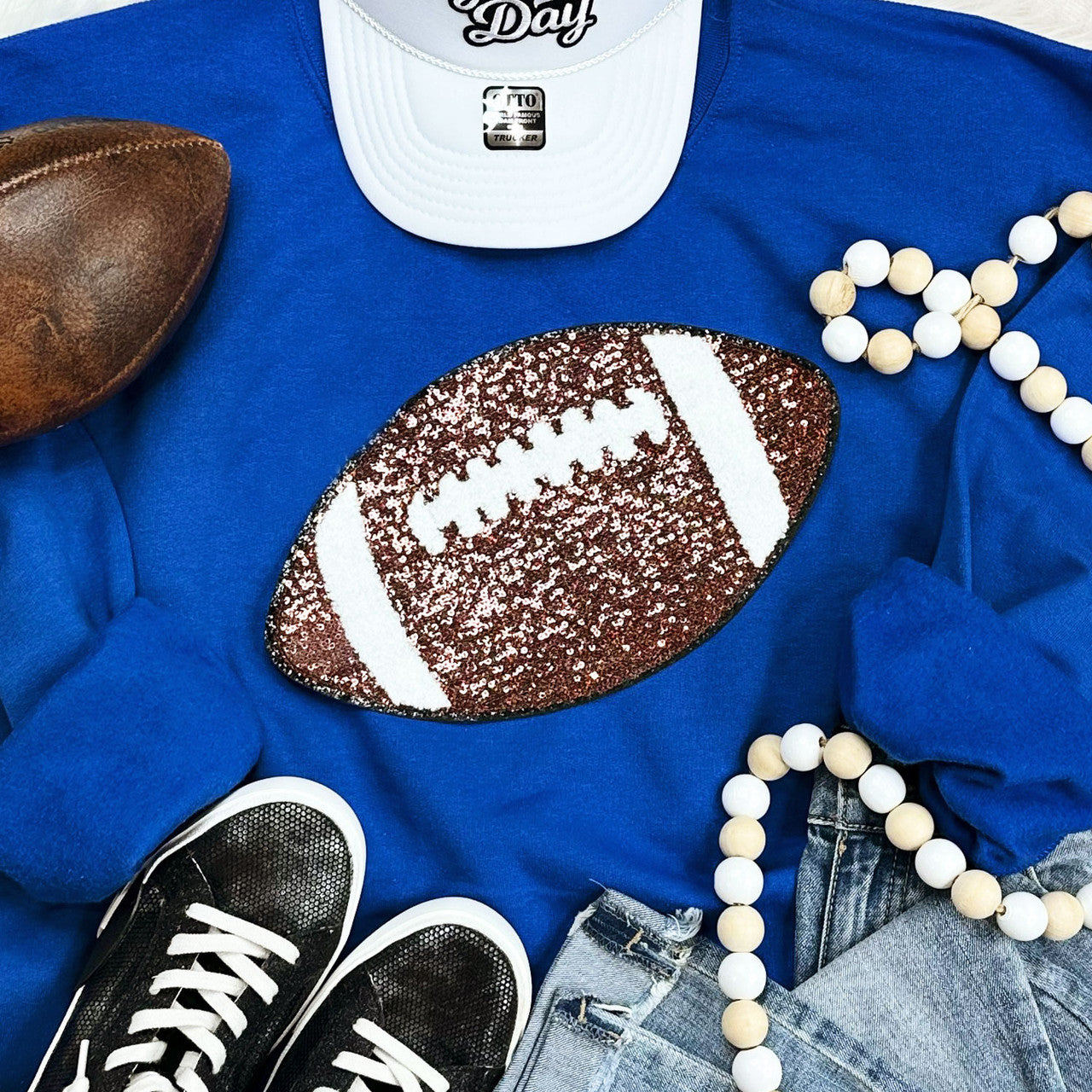 Sequin Football Chenille Patch Crewneck