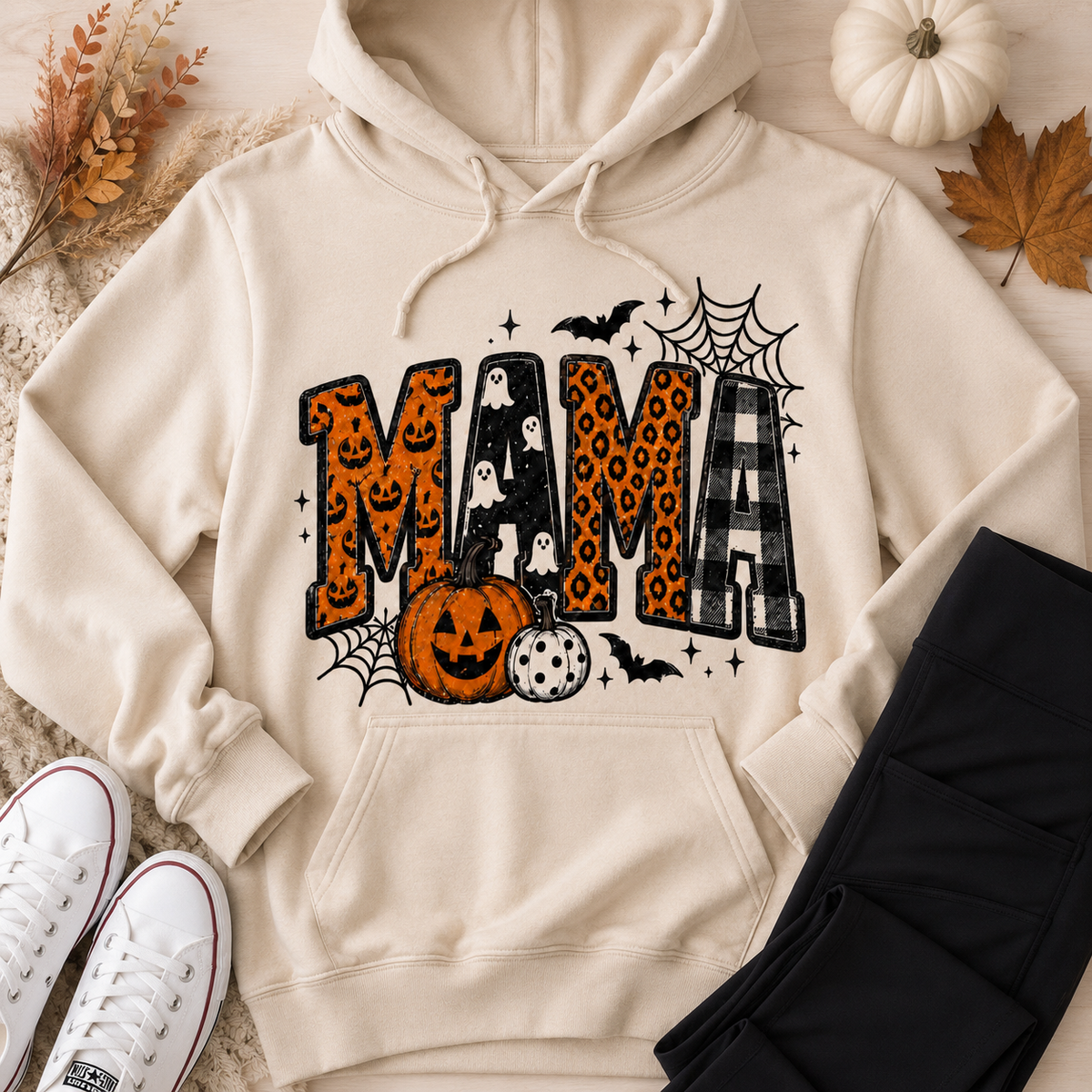 Mama Halloween graphic beige hoodie with pumpkins, ghosts, leopard print and plaid design