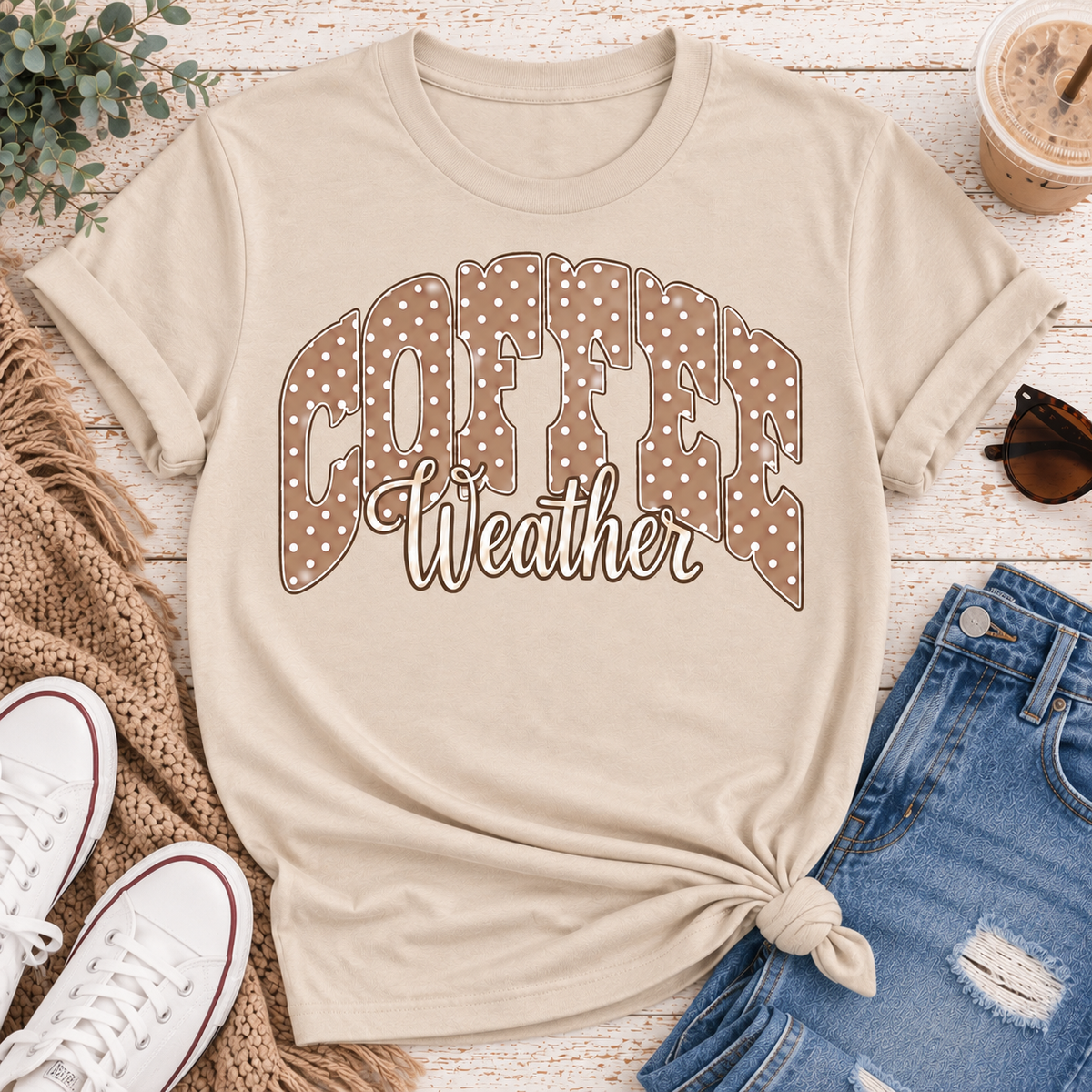 Coffee Weather polka dot graphic shirt available in brown and beige V-neck, crewneck tee, long sleeve tee and hoodie styles.
