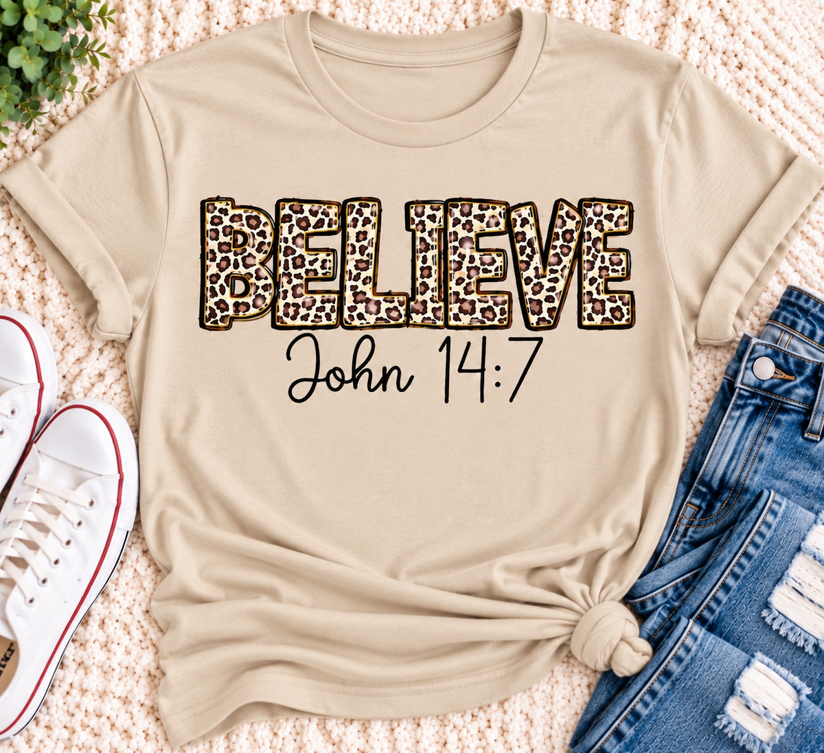 Believe John 14:7  leopard print Christian graphic shirt available in short sleeve crewneck, V-neck, long sleeve and hoodie styles.