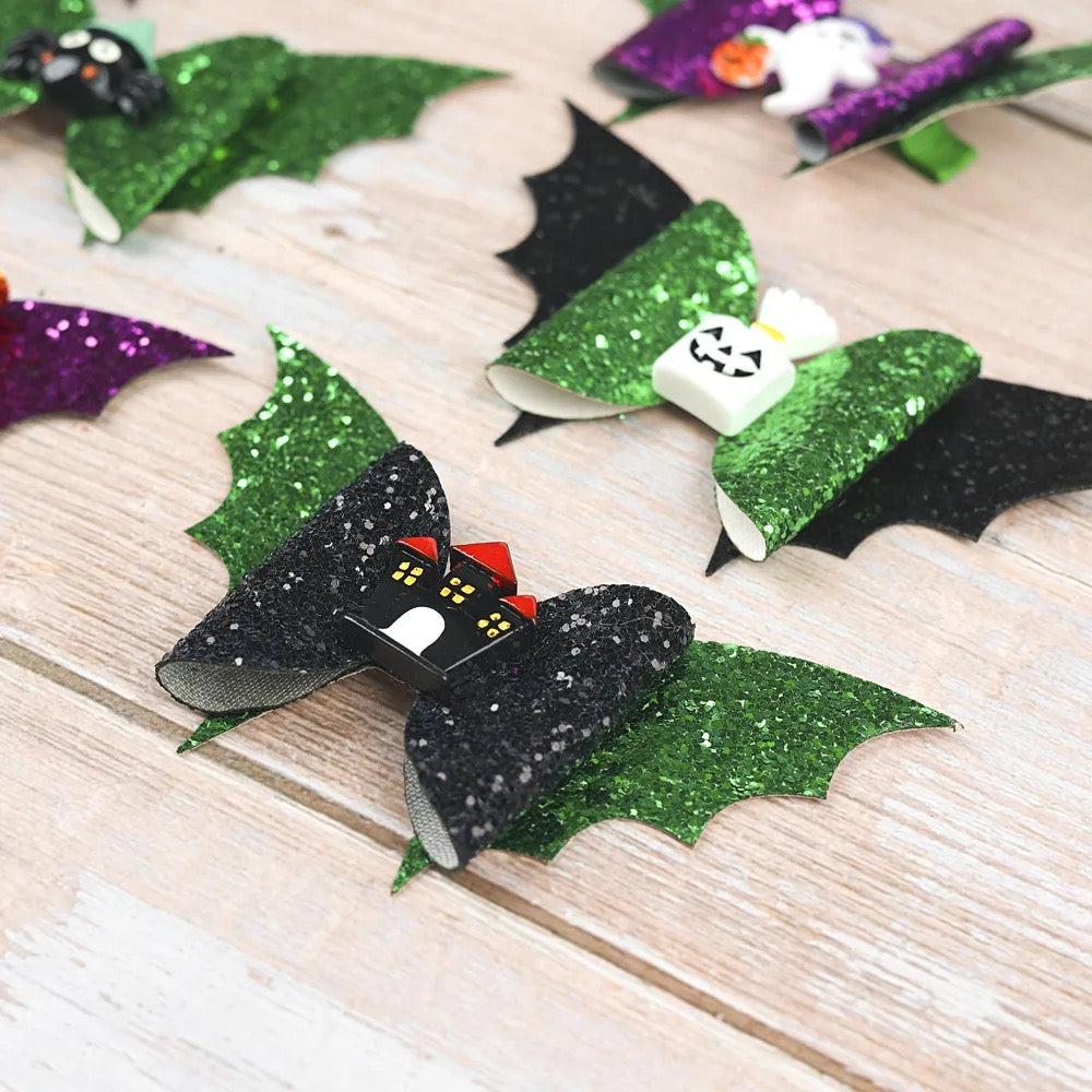 Julia Rose Halloween sequin hair bow, Sparkly Halloween hair bow close-up