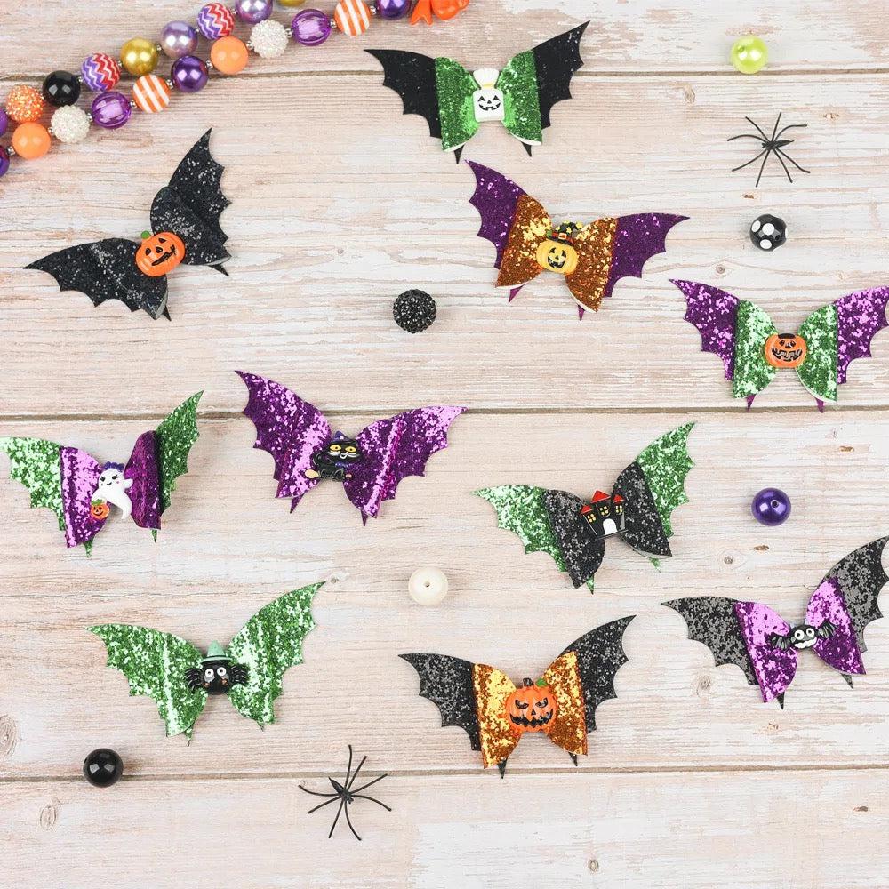Julia Rose Halloween sequin hair bow, Sparkly Halloween hair bow close-up