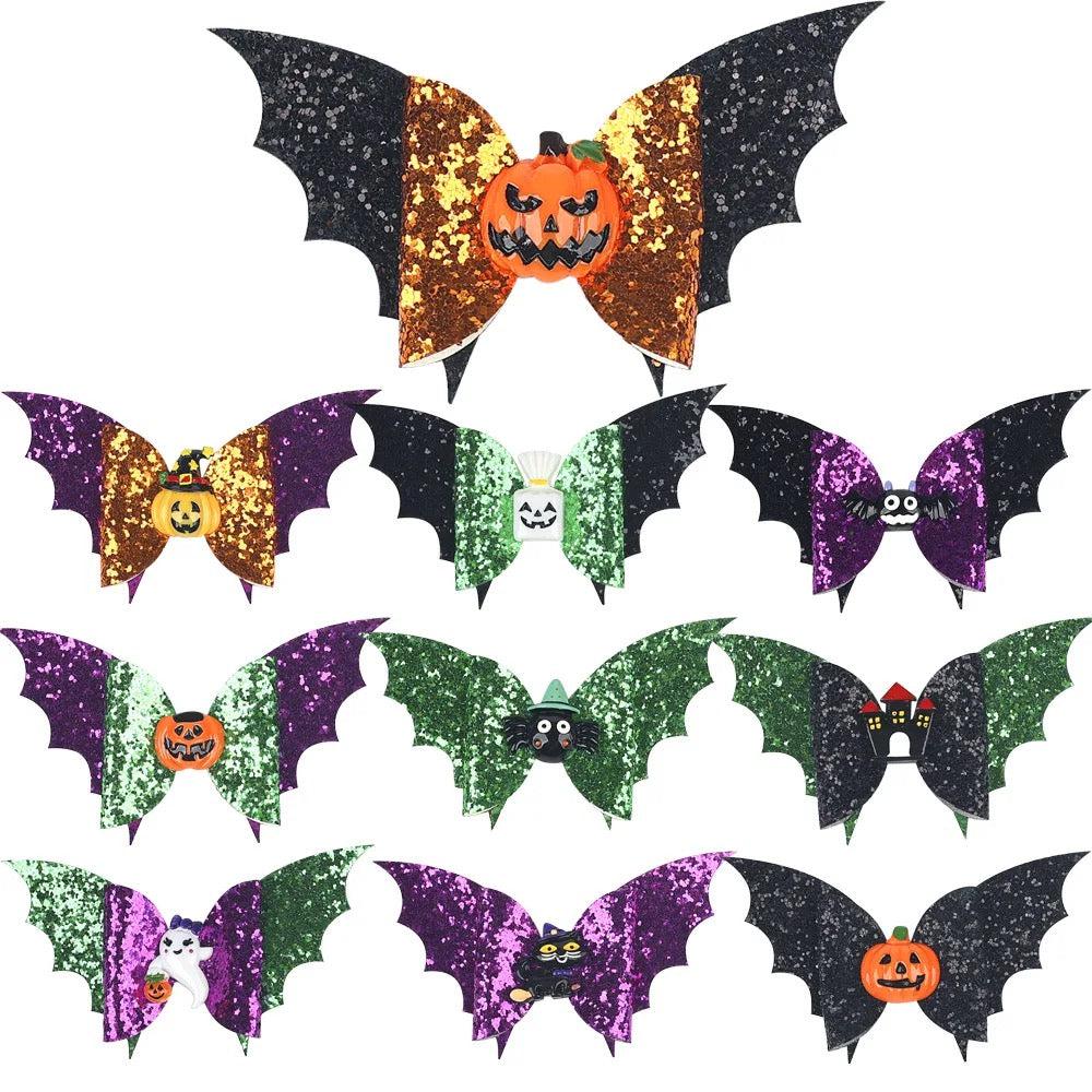 Julia Rose Halloween sequin hair bow, Sparkly Halloween hair bow close-up