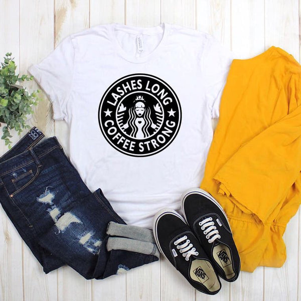 Lashes long coffee strong graphic tee