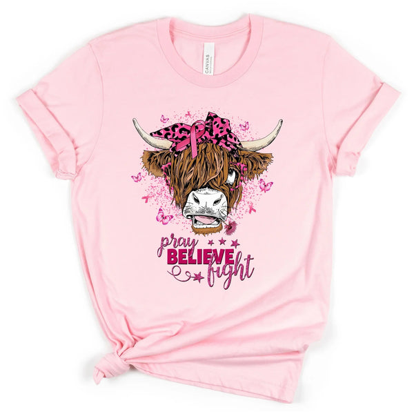 Pray Believe Fight Highland Cow Graphic Tee